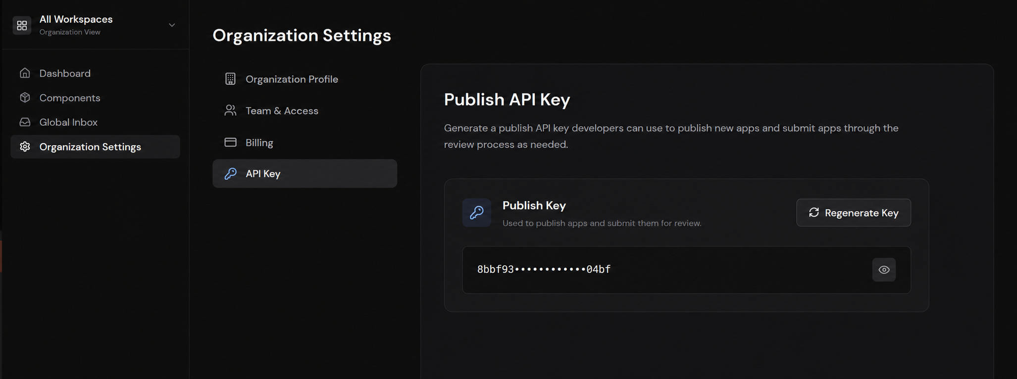 Appsudo Organization Settings page with the Publish API Key controls