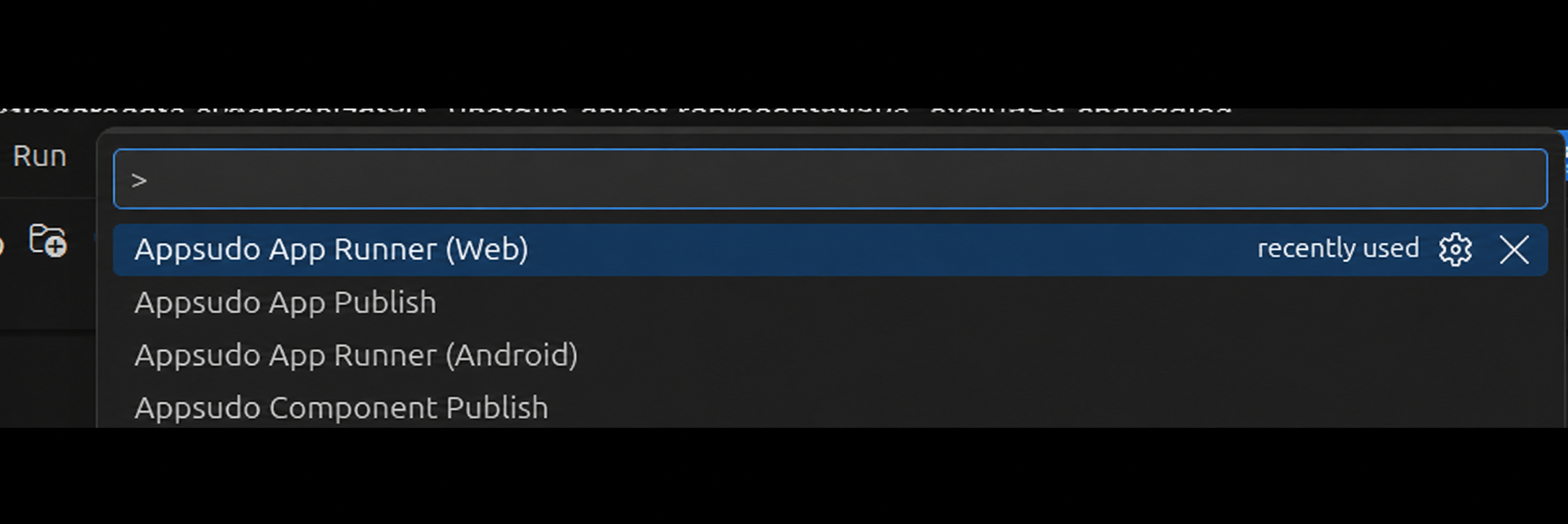 VS Code Command Palette showing Appsudo App Publish and Appsudo Component Publish