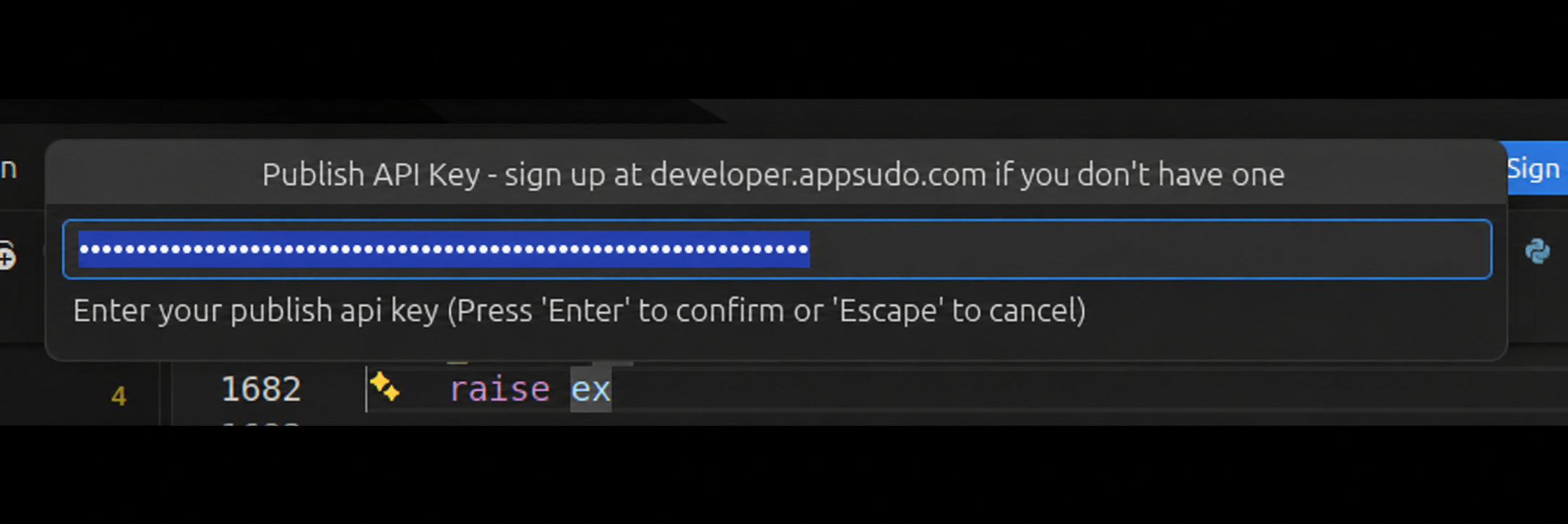 VS Code prompt requesting a masked Appsudo Publish API Key